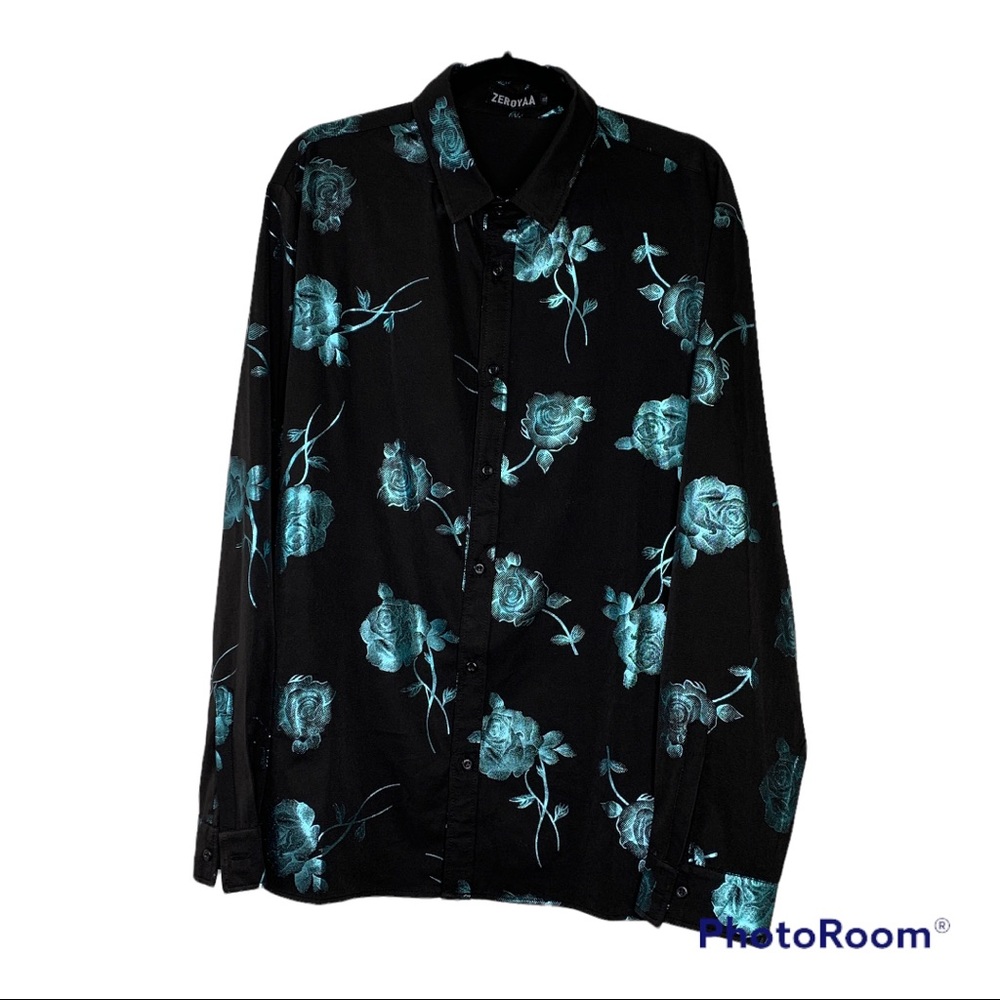 Blue metallic foil floral print black button up dress shirt mens